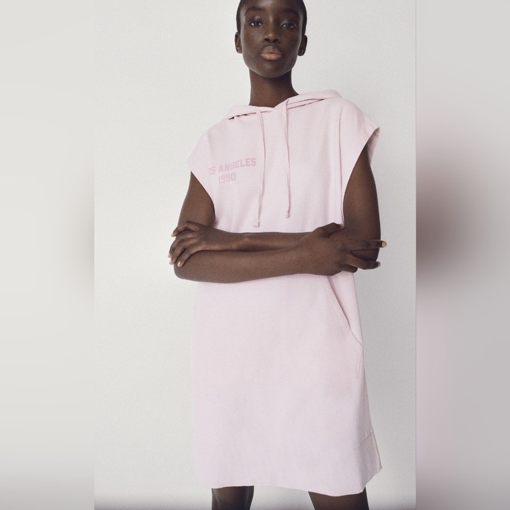 New Zara Pink Washed Plush Sweatshirt Dress Y2K Hoodie 1990 Los Angeles Small - Picture 2 of 15